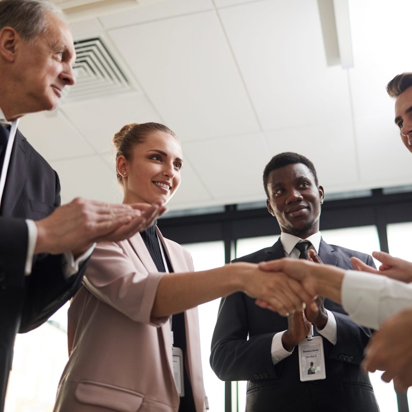 Sixth Hive Investors Young smiling businesswoman shaking hand with partner with other business people standing and applauding