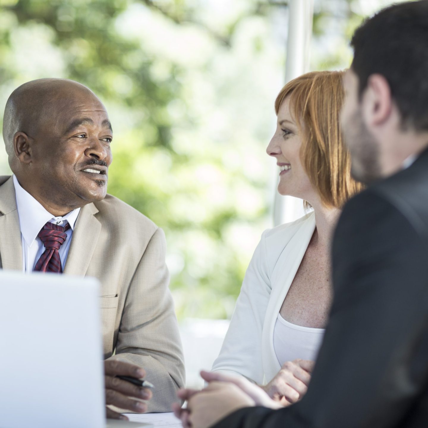 Businesspeople discussing work at business lunch